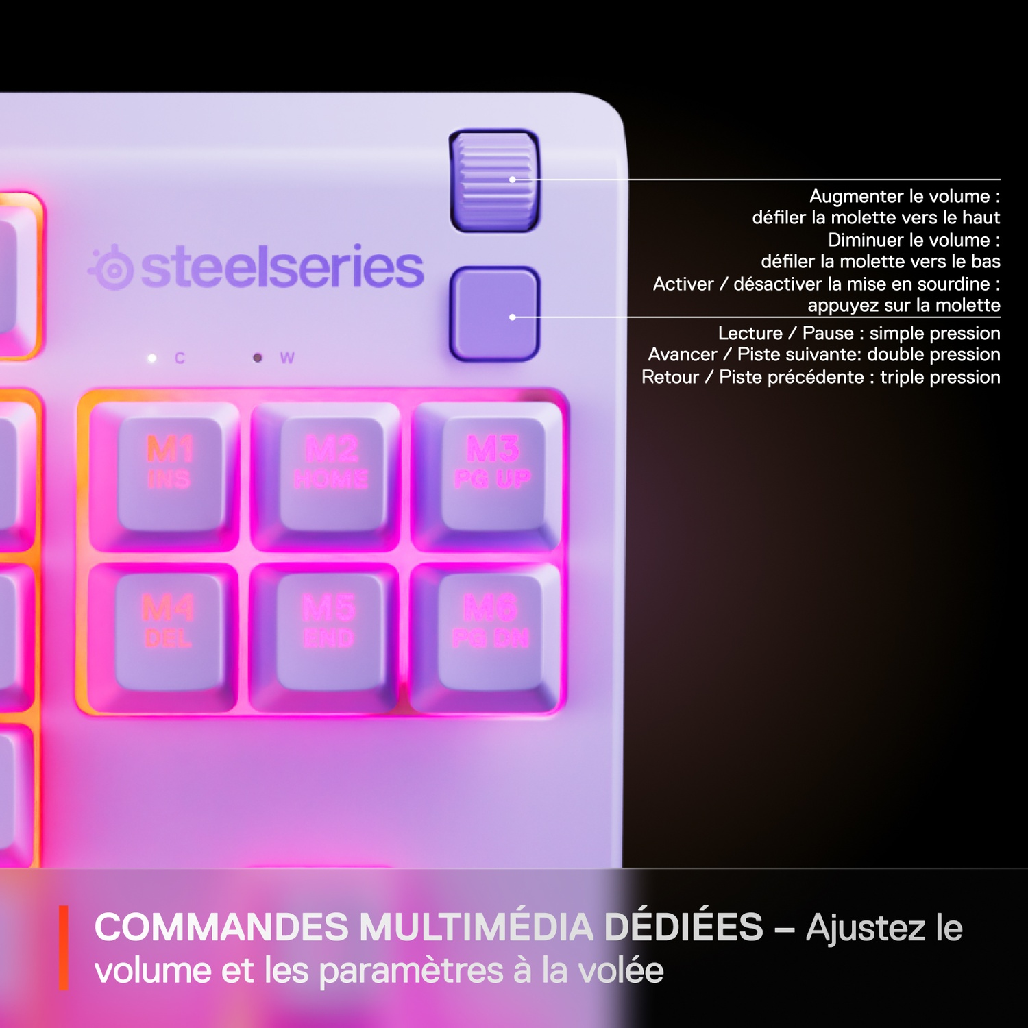 A close-up of a SteelSeries keyboard with multimedia controls. Purple, pink, and orange colors are visible. Text describes volume control.