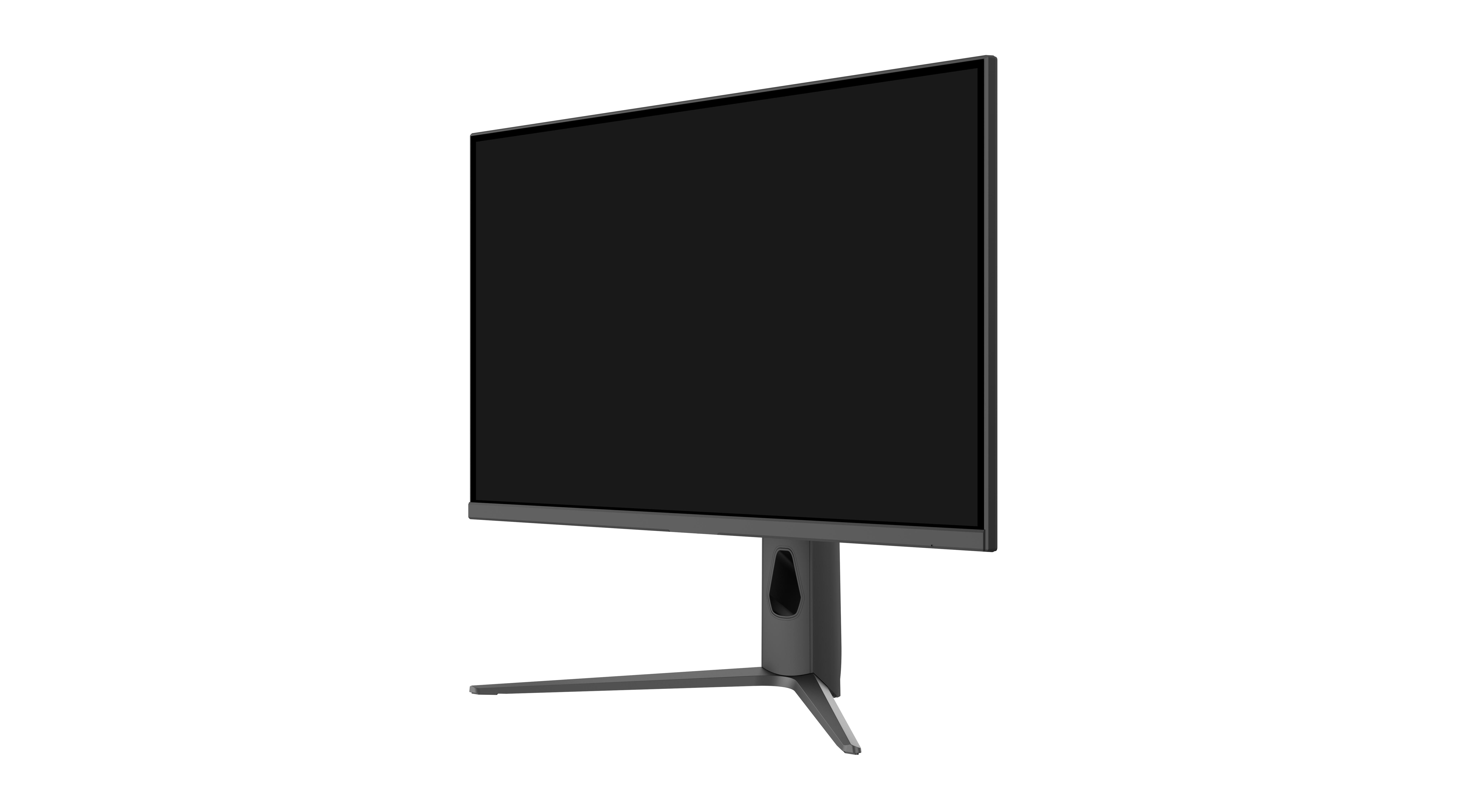 Siyah bir arka plan üzerinde siyah ekranlı gri bir bilgisayar monitörü. Monitör ince bir çerçeveye ve bir standa sahip.