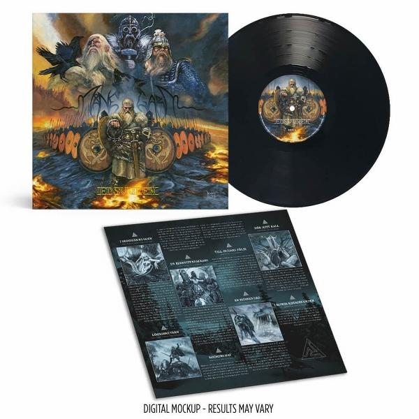 Albumcover: Kunstwerk nordischer Figuren, ein Rabe und Krieger. Vinyl-Schallplatte und Einsatz sichtbar. Digitaler Mockup.