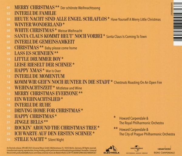 Albumcover mit einer Liste von Weihnachtsliedern auf Deutsch und Englisch. Künstler- und Orchesterinformationen unten.