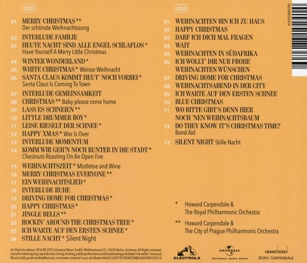 CD-Cover. Listet Weihnachtslieder auf Deutsch und Englisch mit Credits an Howard Carpendale und Orchester.