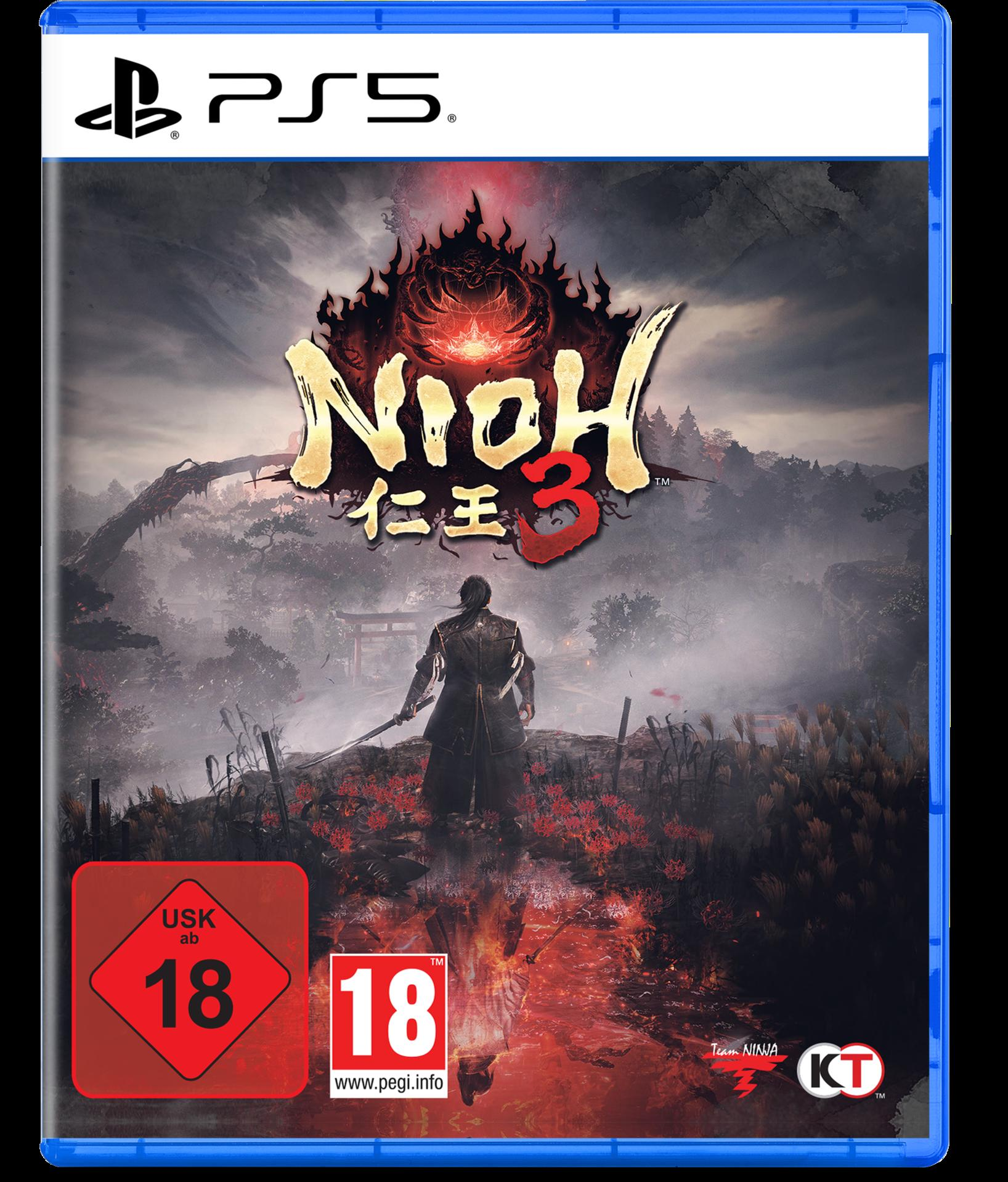 PS5-Spielcover. Ein Krieger steht in roter Landschaft. Der Titel lautet Nioh 3. Bewertungssymbole und Logos sind sichtbar.