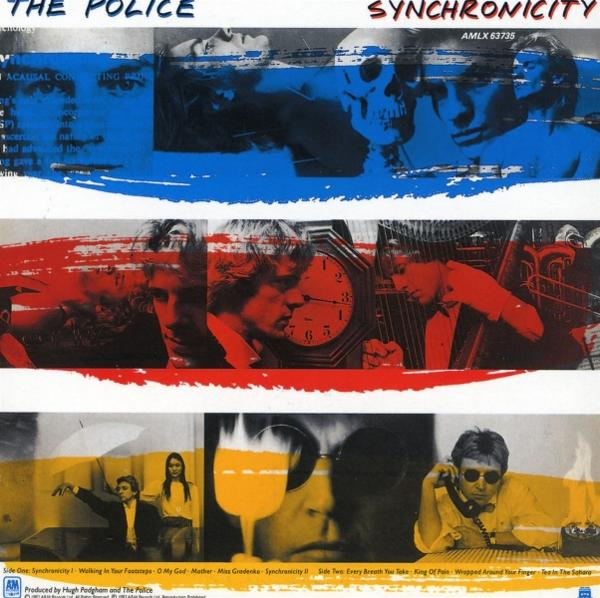 Albumcover von The Police 'Synchronicity'. Bandmitglieder, Schädel, Uhr und abstrakte Farbblöcke in Rot, Blau und Gelb.