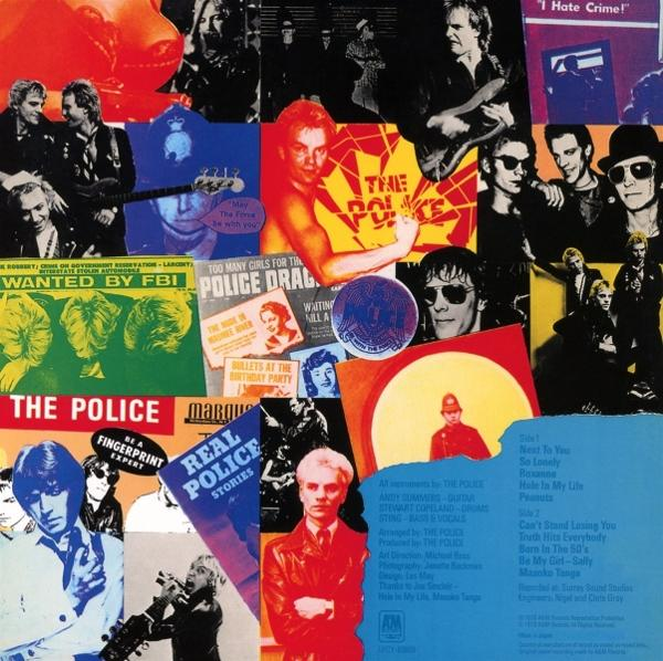 Albumcover-Collage von The Police mit Bandmitgliedern und Albumdetails. Verschiedene Bilder und Textausschnitte sind enthalten.