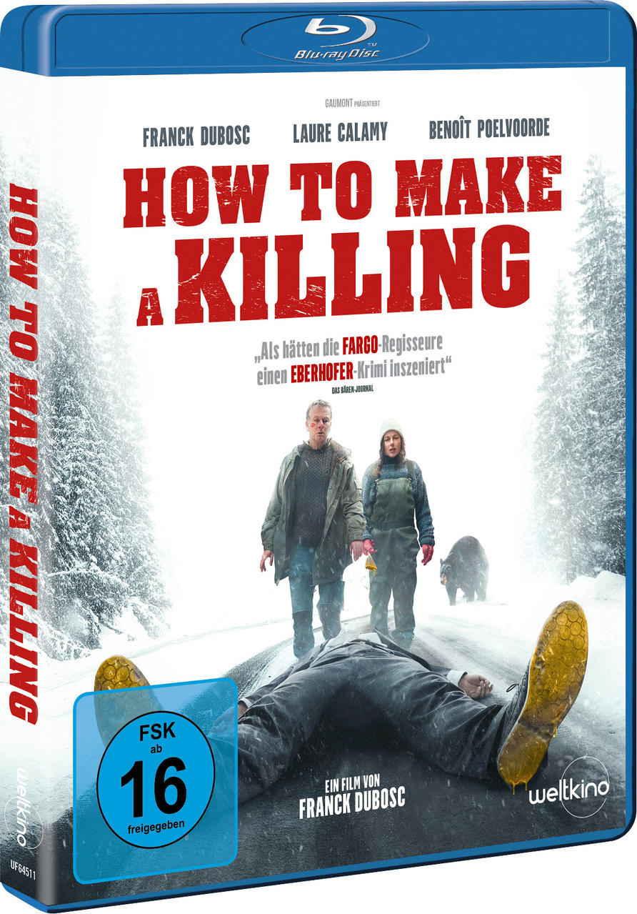 Blu-ray-Cover: Filmtitel 'How to Make a Killing', Schauspieler, eine schneebedeckte Straße mit einem Mann, der liegt.