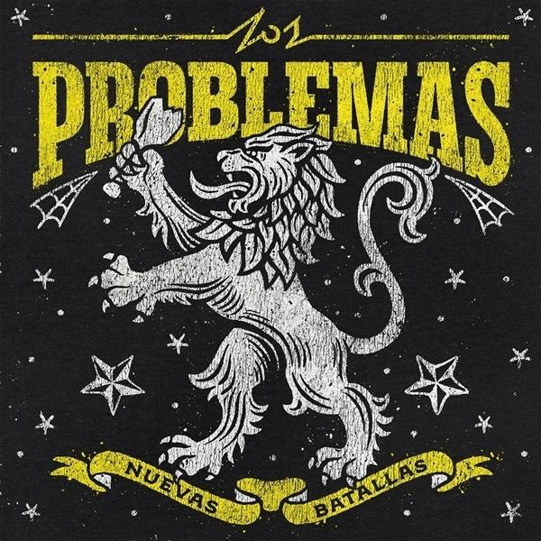 Ein weißer Löwe mit gelbem Text, der 'PROBLEMAS' und 'NUEVAS BATALLAS' auf schwarzem Hintergrund zeigt. Sterne sind verstreut.