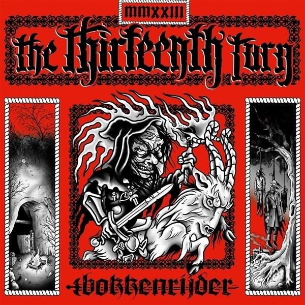 Rotes Albumcover. Eine vermummte Gestalt mit Schwert und Ziege, rechts hängen Figuren, links eine Höhle.