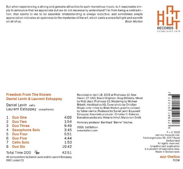 CD-Cover. Text: Freedom From The Known, Daniel Levin, Laurent Estoppey, Trackliste, Hat Hut Records Logo und Copyright-Informationen.