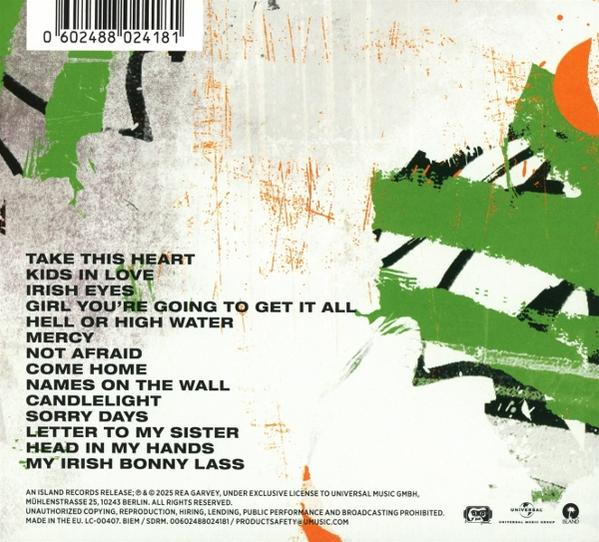 Albumcover mit grünen und orangefarbenen Farbstrichen. Text listet Songtitel und Labelinformationen auf.