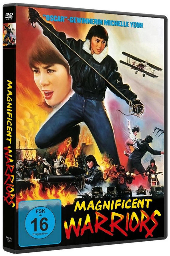 DVD-Cover für 'Magnificent Warriors'. Mit Michelle Yeoh, Actionszenen, Explosionen, Doppeldecker und einer Menschenmenge.