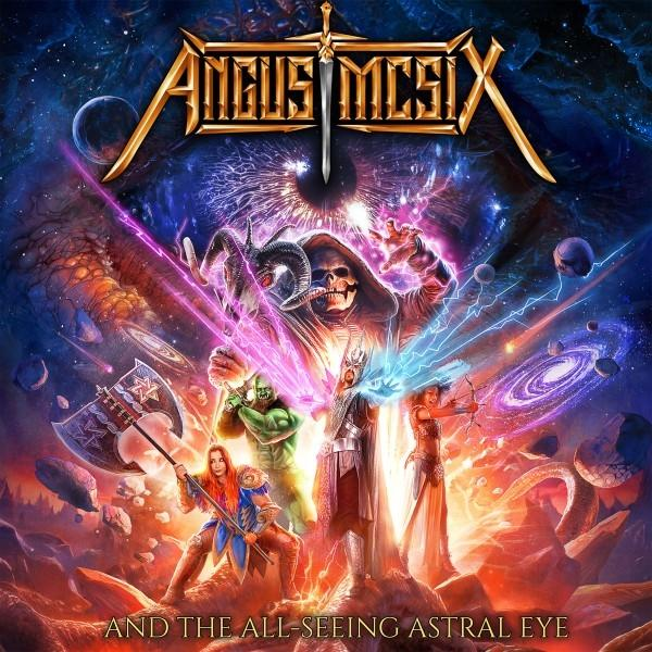 Fantasy-Albumcover. Eine skelettartige Figur mit gehörntem Schädel ist oben. Unten kämpfen Krieger mit kosmischem Hintergrund.