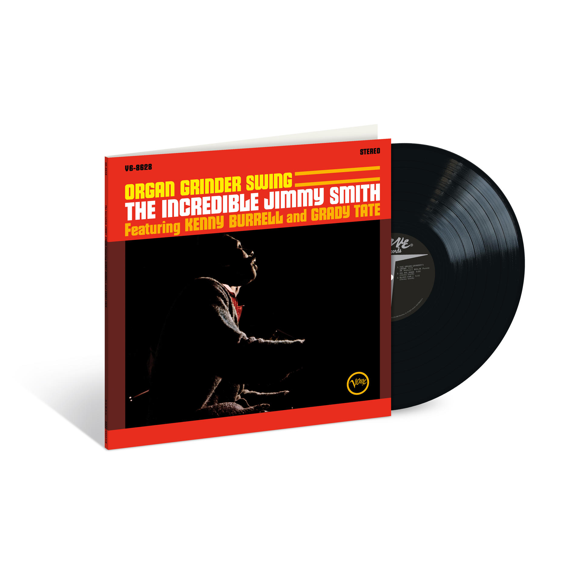 Albumcover für 'Organ Grinder Swing'. Mit Jimmy Smith, schwarze Vinyl-Schallplatte. Roter und gelber Text auf dem Cover.