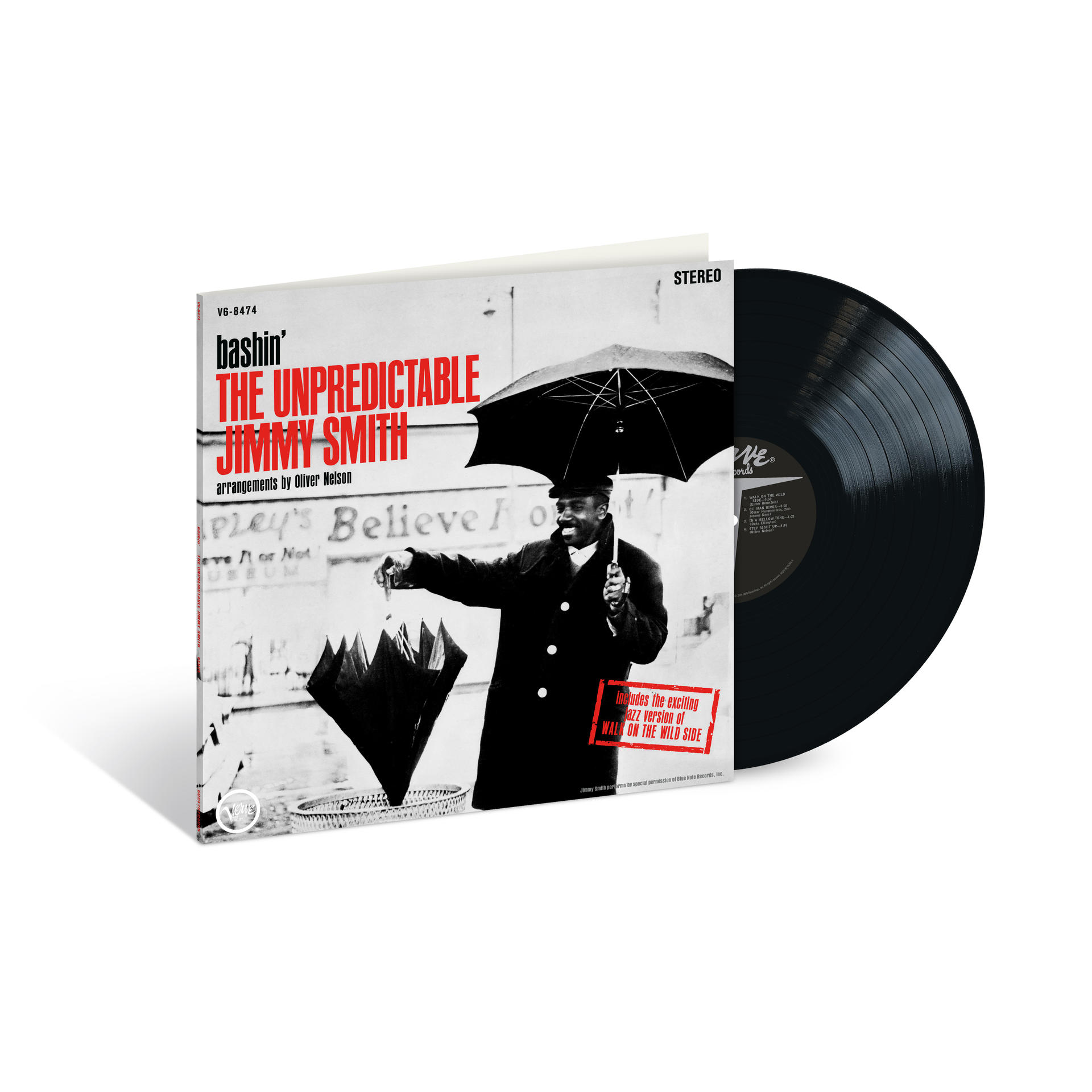 Albumcover: Jimmy Smith mit Mantel und Schirm. Das Album heißt 'The Unpredictable' und ist eine Jazzplatte.