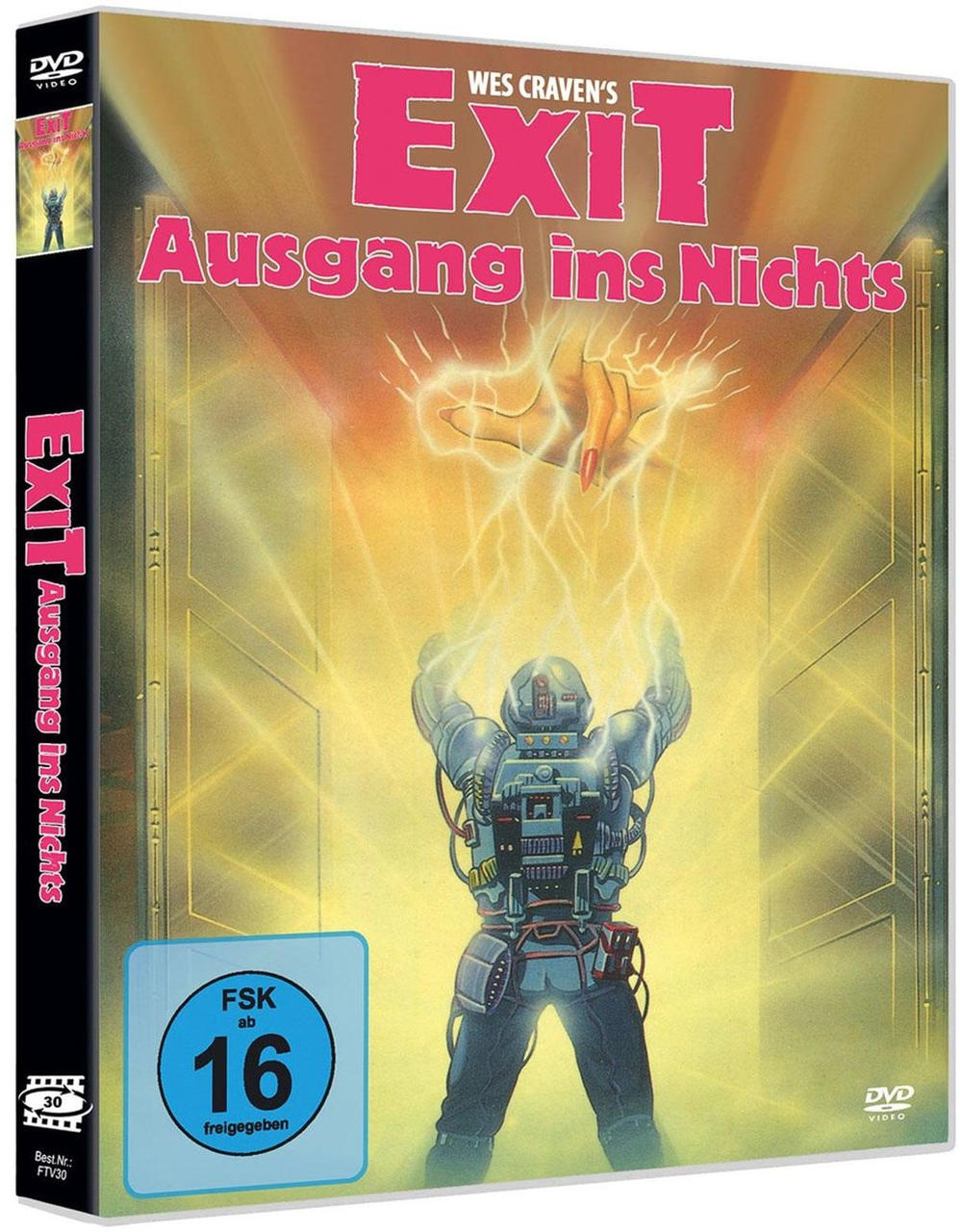 DVD-Cover für 'Wes Craven's Exit': Figur im Anzug mit erhobenen Armen, Energiestrahlen. Rosa 'EXIT', deutscher Titel.