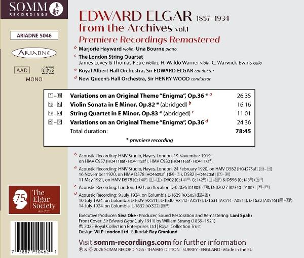 CD-Cover. Titel: Edward Elgar. Enthält eine Liste von Musikstücken, Credits und ein Logo.