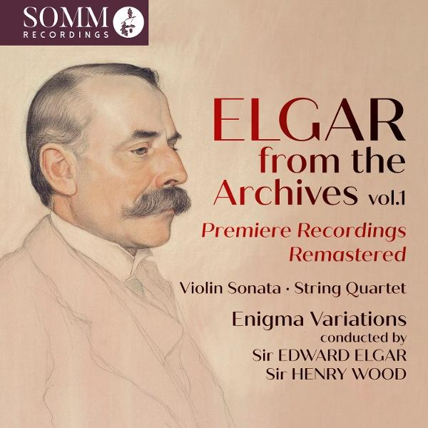 Albumcover mit Porträt eines Mannes, vermutlich Elgar. Der Text lautet 'Elgar from the Archives'. Premiere Recordings Remastered.