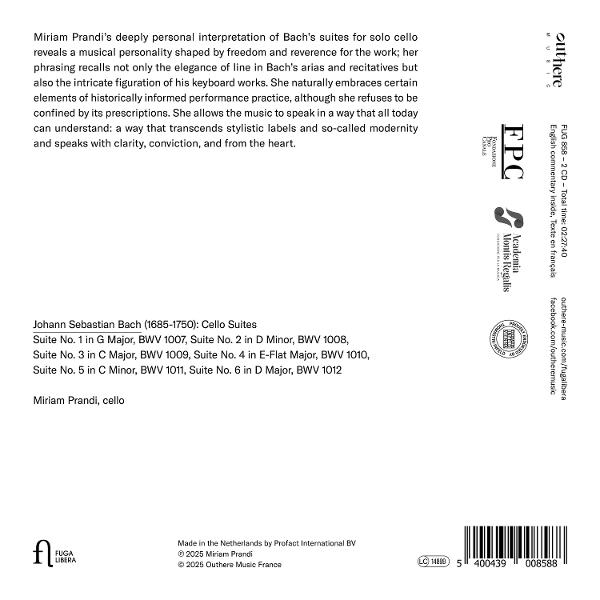 CD-Cover. Text mit Bachs Suiten, Miriam Prandis Cello. Logos und Text in Weiß auf weißem Hintergrund.