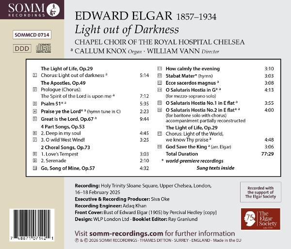 CD-Cover. Titel: Light out of Darkness von Edward Elgar. Enthält Titelliste und SOMM Recordings Logo.