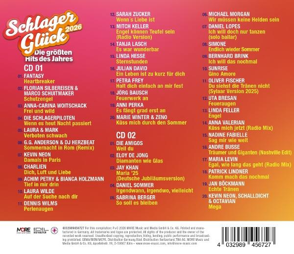 CD-Cover. Titel: Schlager Glück. Künstler und Songs sind aufgelistet. Helle Pink- und Gelbtöne dominieren.