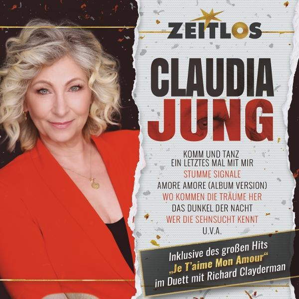 Albumcover von Claudia Jung. Sie trägt eine rote Jacke und lächelt. Text enthält "Zeitlos" und Songtitel. Über dem Titel ein goldener Stern.