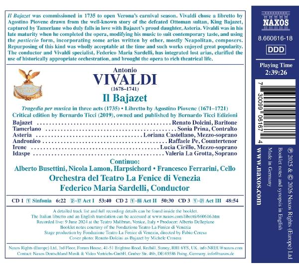 CD-Cover. Es enthält Text über Vivaldis Oper Il Bajazet, mit Logo und Bild eines Musikinstruments.