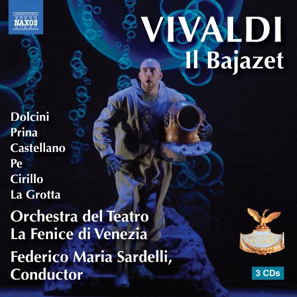 Cover von Vivaldis Il Bajazet. Ein Mann im Taucheranzug hält einen Helm. Text enthält Namen, Orchester und "3 CDs".