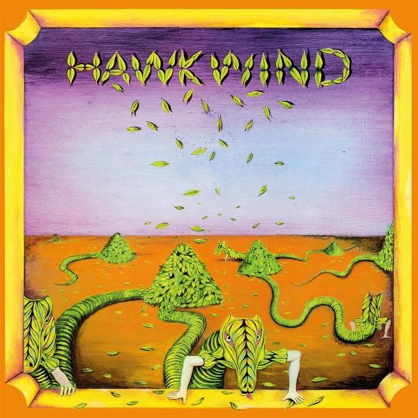 Kunstwerk mit 'HAWKWIND' aus Blättern. Grüne Kreaturen tauchen aus orangefarbenem Boden auf. Blätter fallen von oben, in einem orangefarbenen Rahmen.