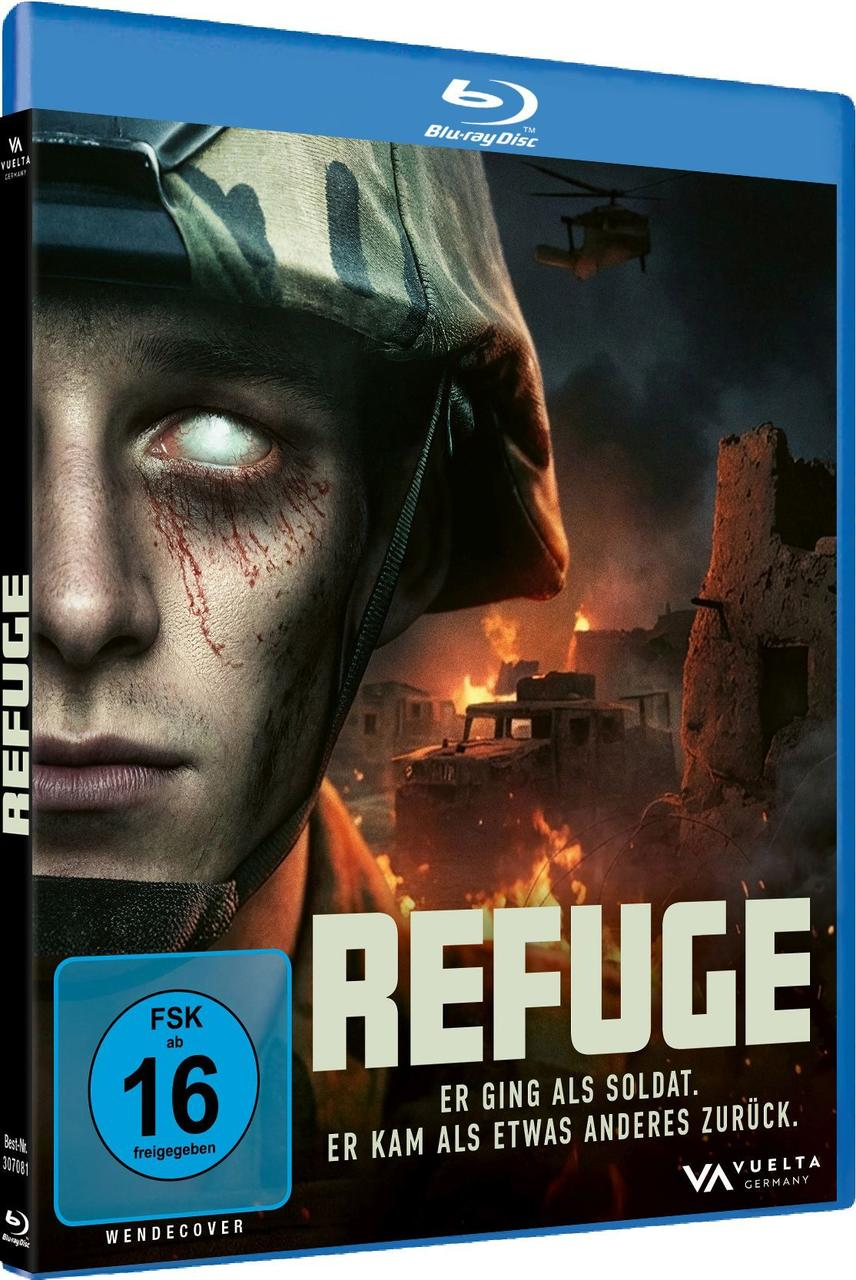 Blu-ray-Cover für 'Refuge'. Ein Mann mit weißen Augen und Blut im Vordergrund. Hintergrund zeigt eine Kriegsszene, einen Hubschrauber und Gebäude.