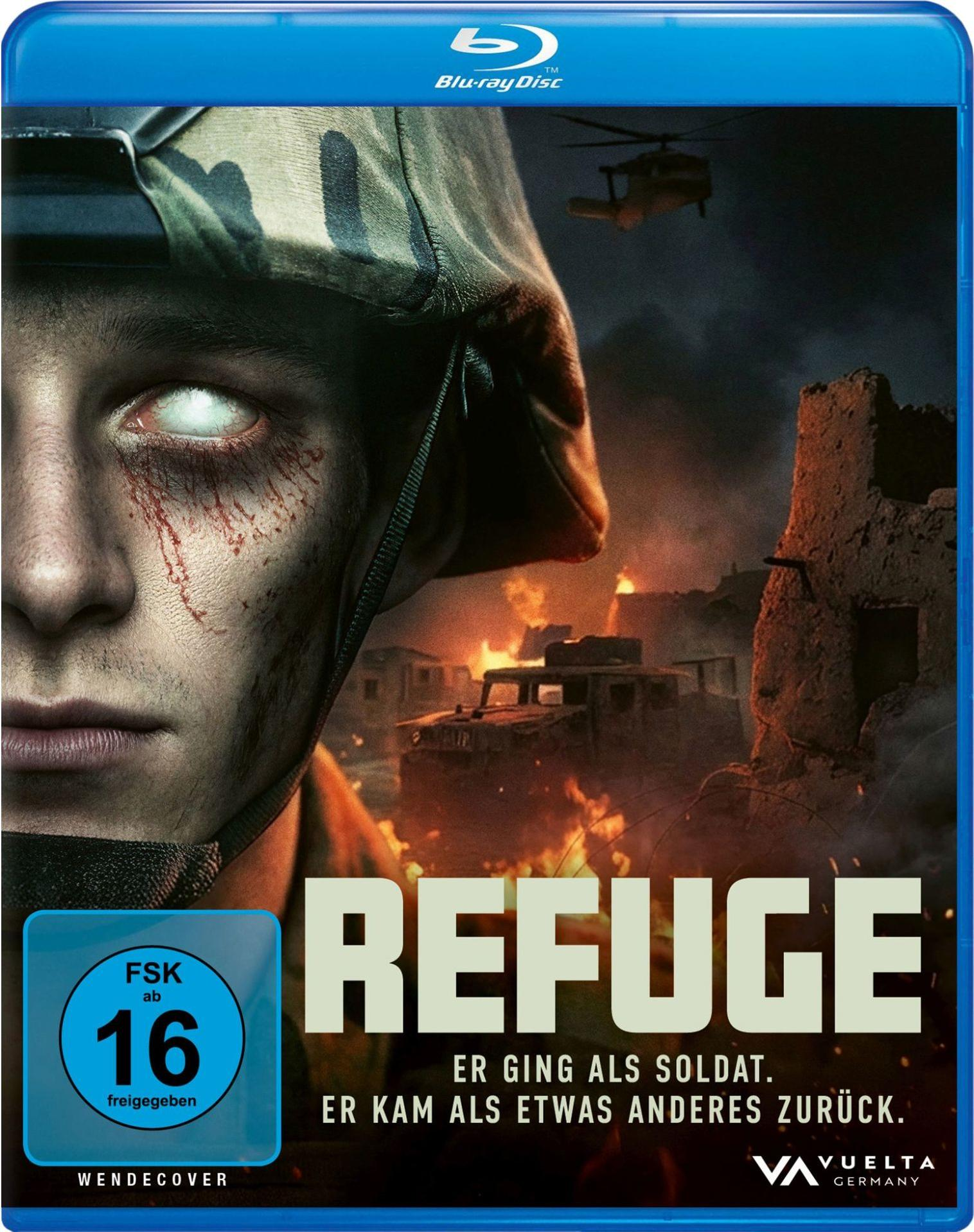 Blu-ray-Cover. Ein Soldat mit weißen Augen und Blut im Gesicht. Der Titel lautet 'REFUGE' mit einer Kriegsszene im Hintergrund.