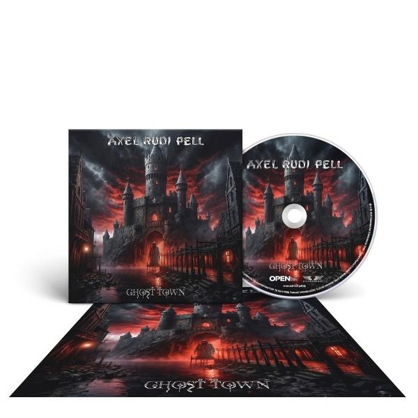 Albumcover: dunkles Schloss auf Wasser, roter Himmel und CD mit dem gleichen Bild. Der Text lautet 'Axel Rudi Pell' und 'Ghost Town'.