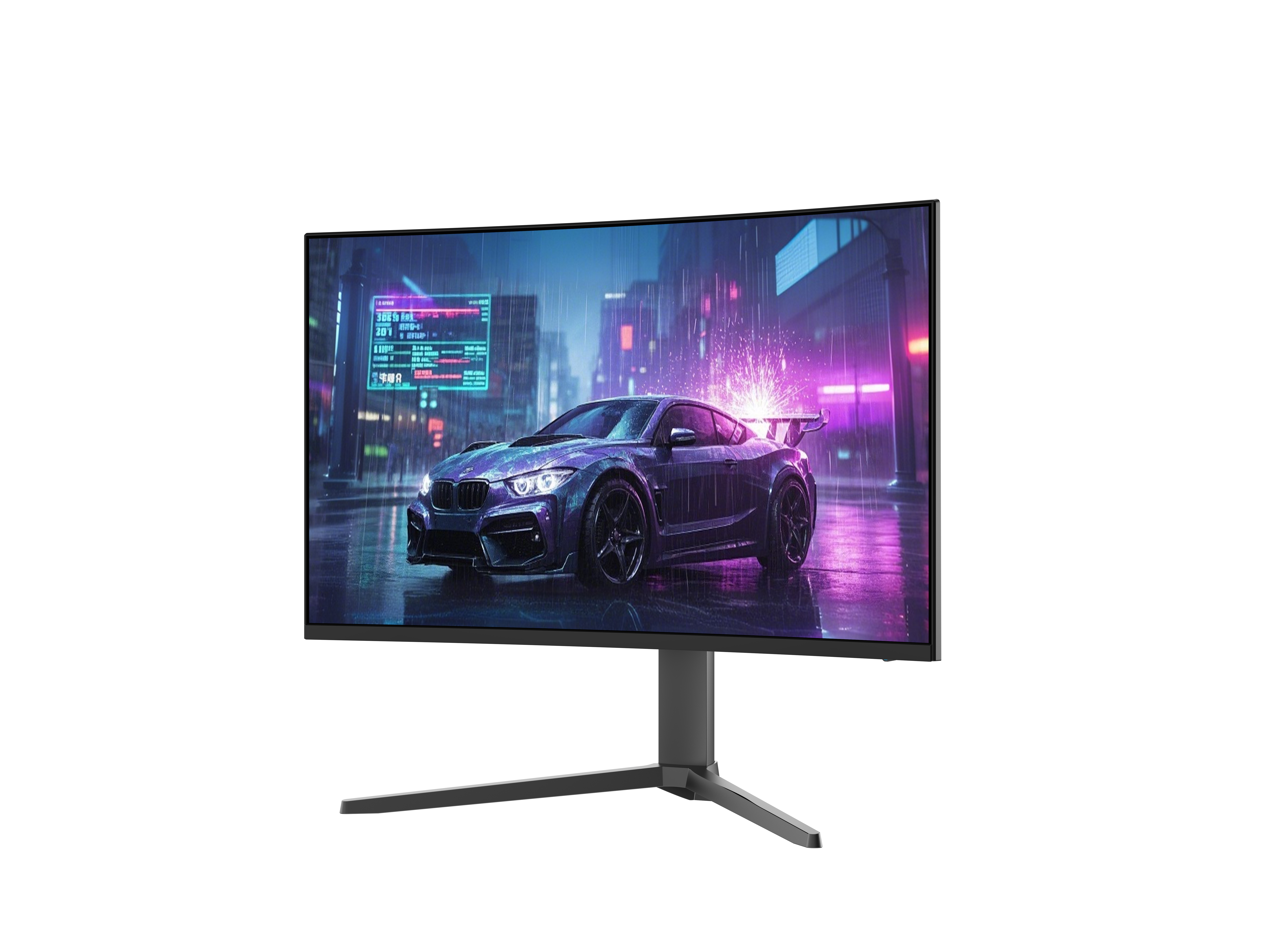 Kavisli bir monitör, yağmurlu bir şehirde bir arabayı gece gösteriyor. Monitör siyah bir stand üzerinde.