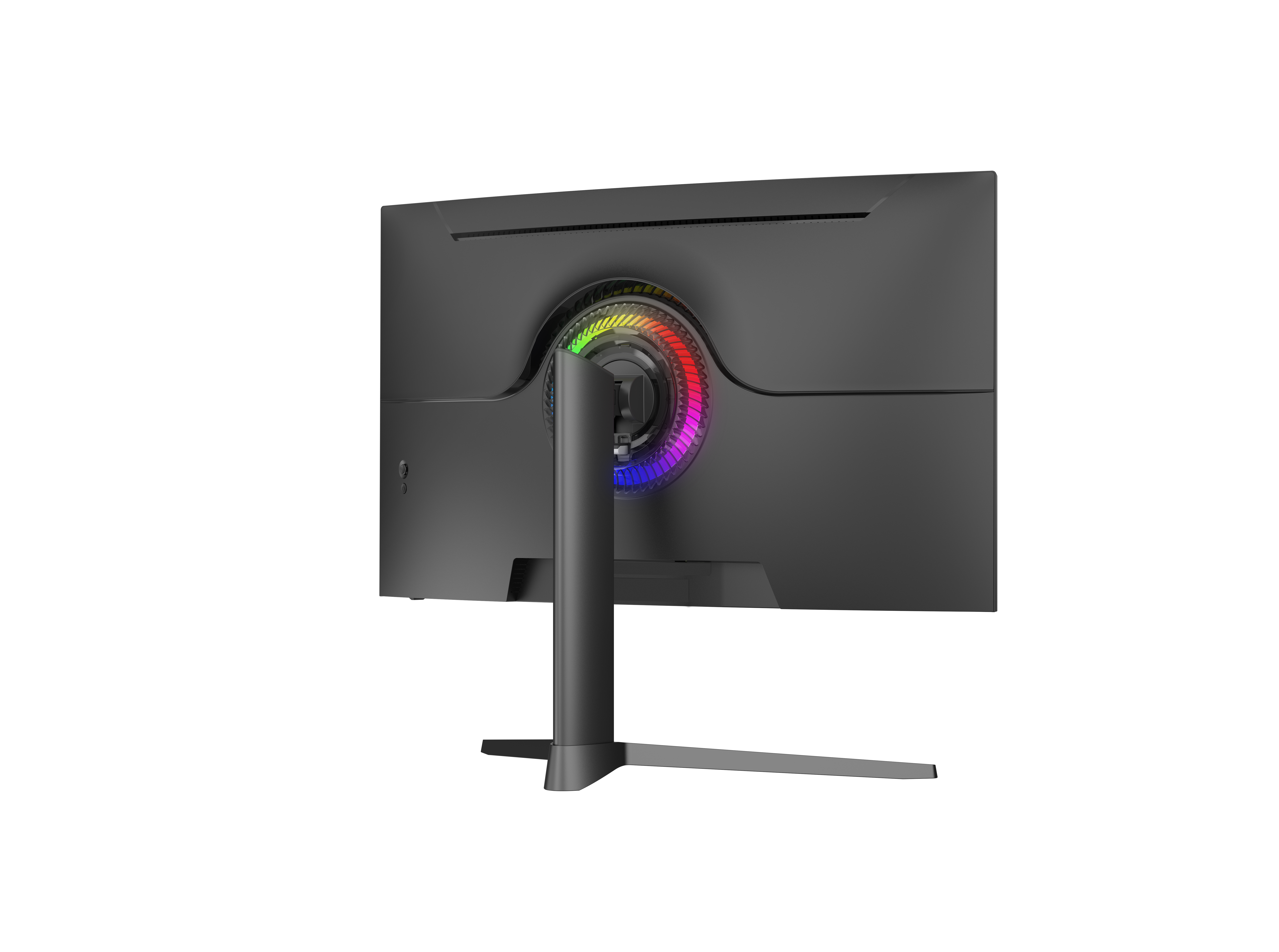 Siyah bir bilgisayar monitörünün arkası, siyah bir arka plan üzerinde bir standla gösteriliyor. Monitörde RGB ışıkları var.