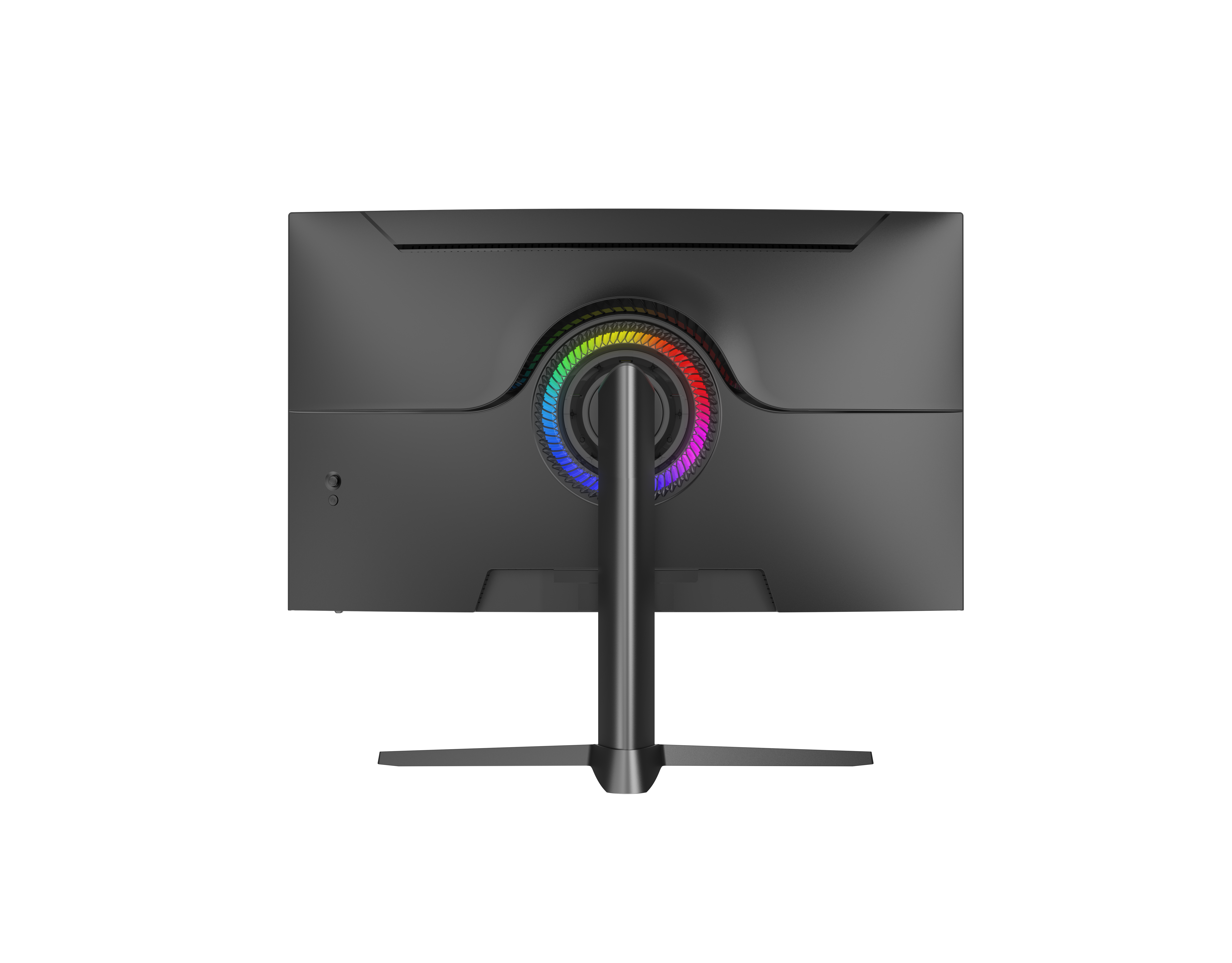 Siyah bir bilgisayar monitörünün arkası. Renkli bir LED halkası ve bir standı var. Arka plan siyahtır.