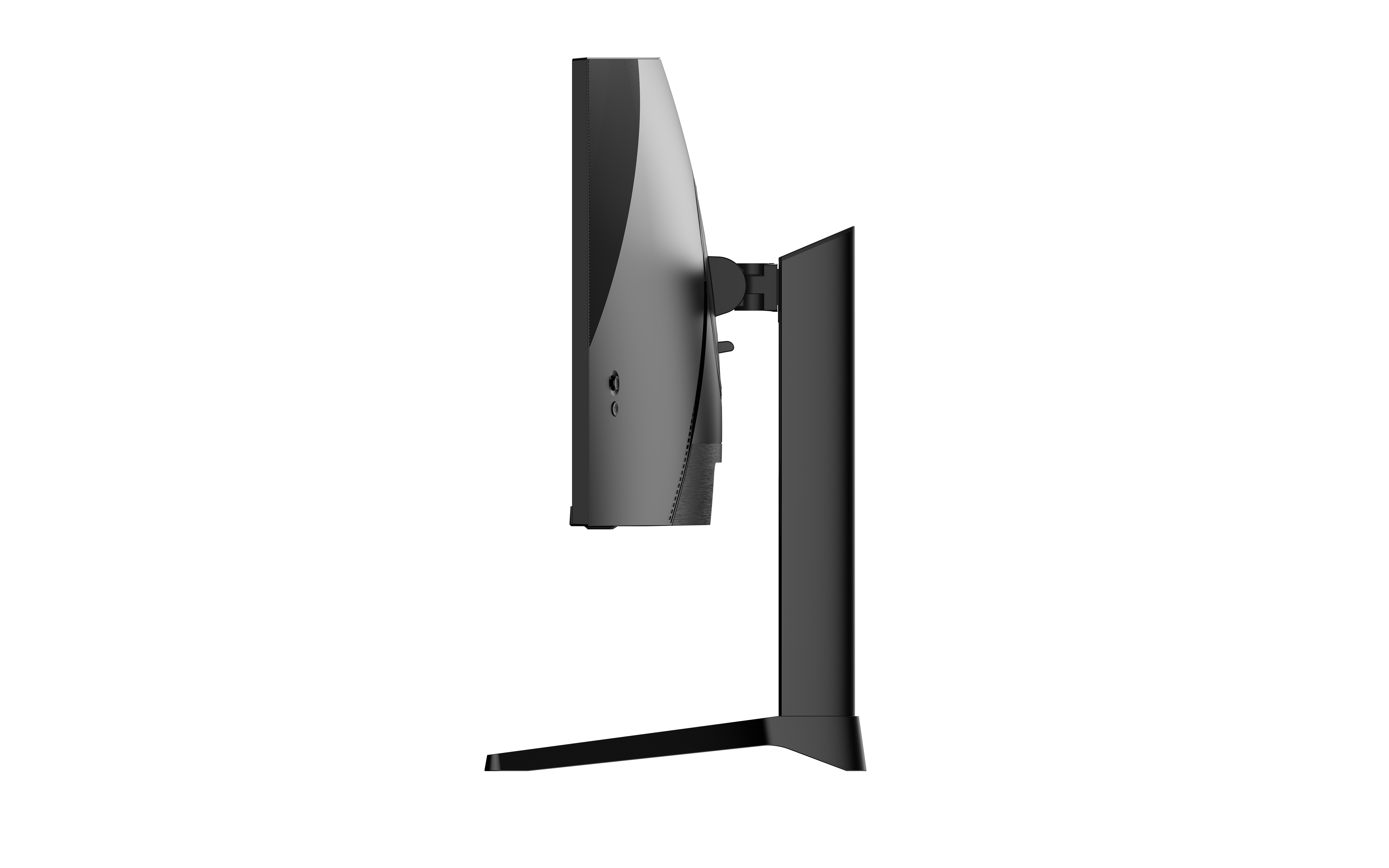 Siyah bir bilgisayar monitörünün, siyah bir standla, siyah bir arka plan üzerindeki yan görünümü.