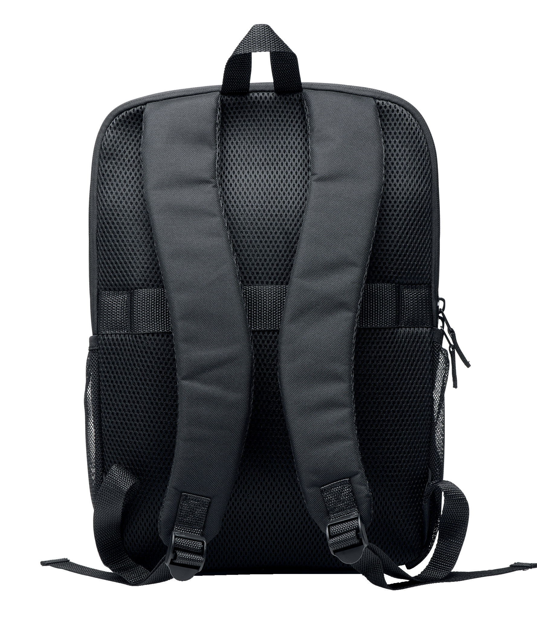 Schwarzer Rucksack von hinten. Merkmale: Mesh-Rücken, Schultergurte und ein oberer Griff. Isoliert auf weißem Hintergrund.