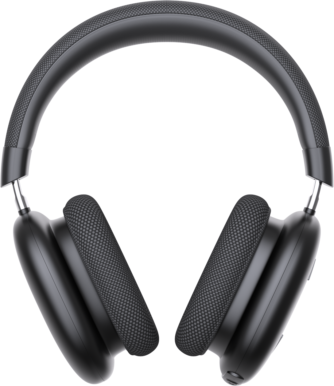 Casque audio noir supra-auriculaire, avec un bandeau et des oreillettes rembourrés. Les oreillettes ont une texture en forme de maille, et le fond est noir.