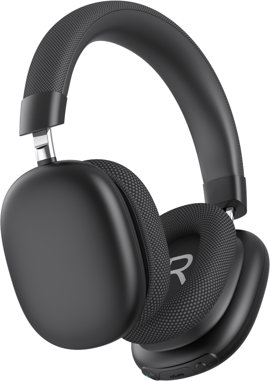 Casque audio noir supra-auriculaire avec bandeau et écouteurs rembourrés. Les écouteurs ont un tissu en mesh, et le droit affiche la lettre 'R'.