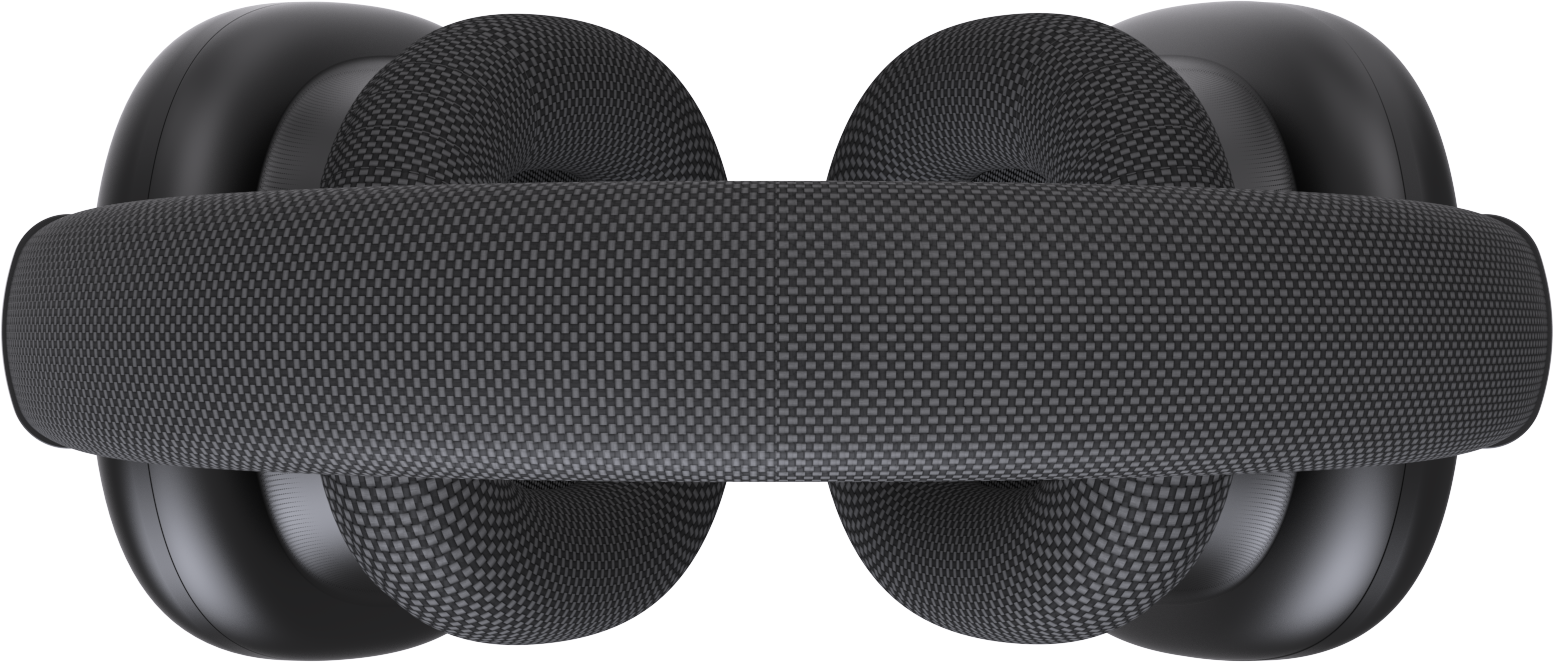 Vue de dessus d'un casque noir. Les oreillettes ont un motif texturé. Le bandeau est en matériau tissé.