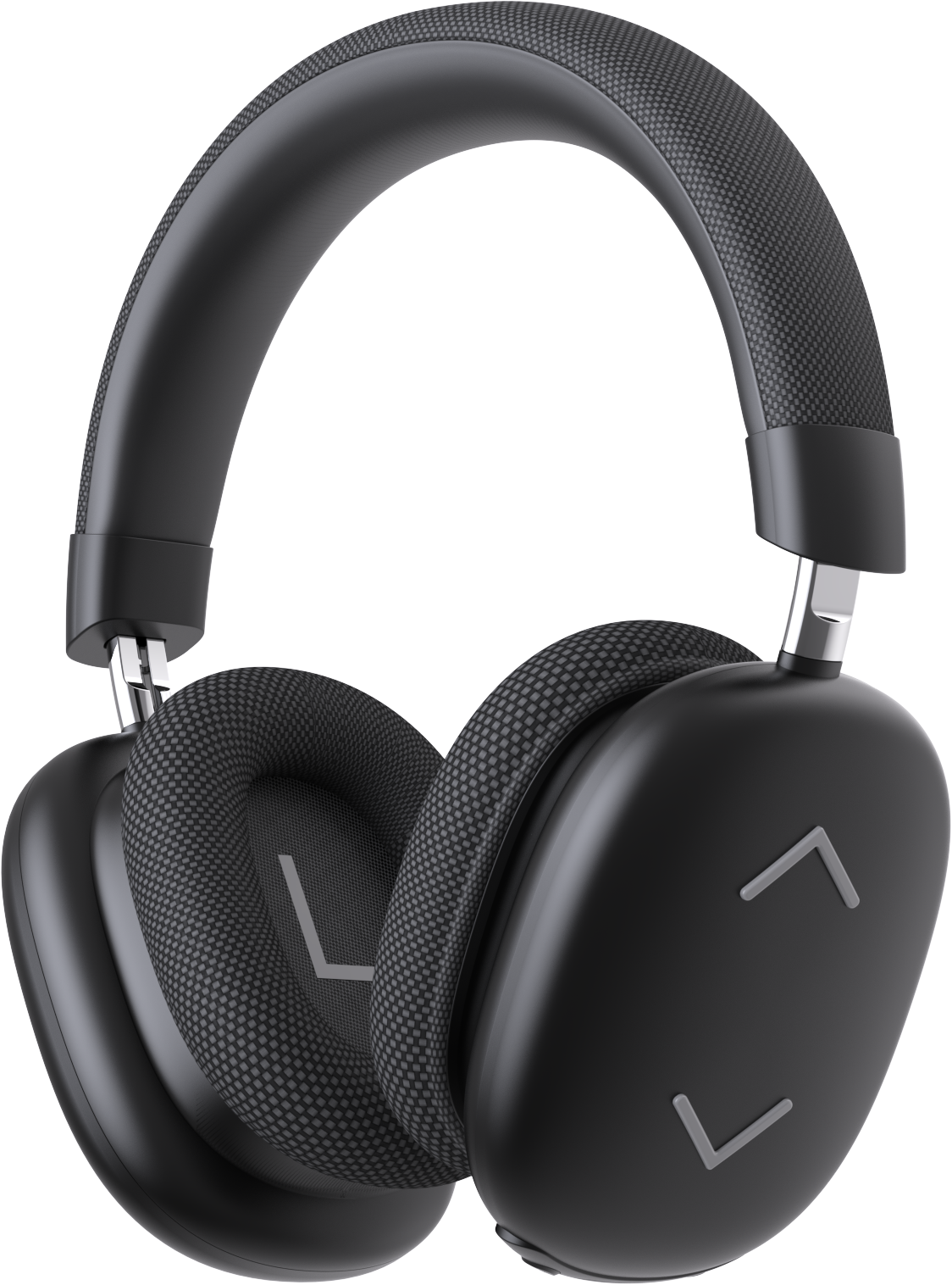 Casque noir avec coussinets en tissu gris. Accents argentés. Symboles de flèche sur les coussinets. Fond noir.