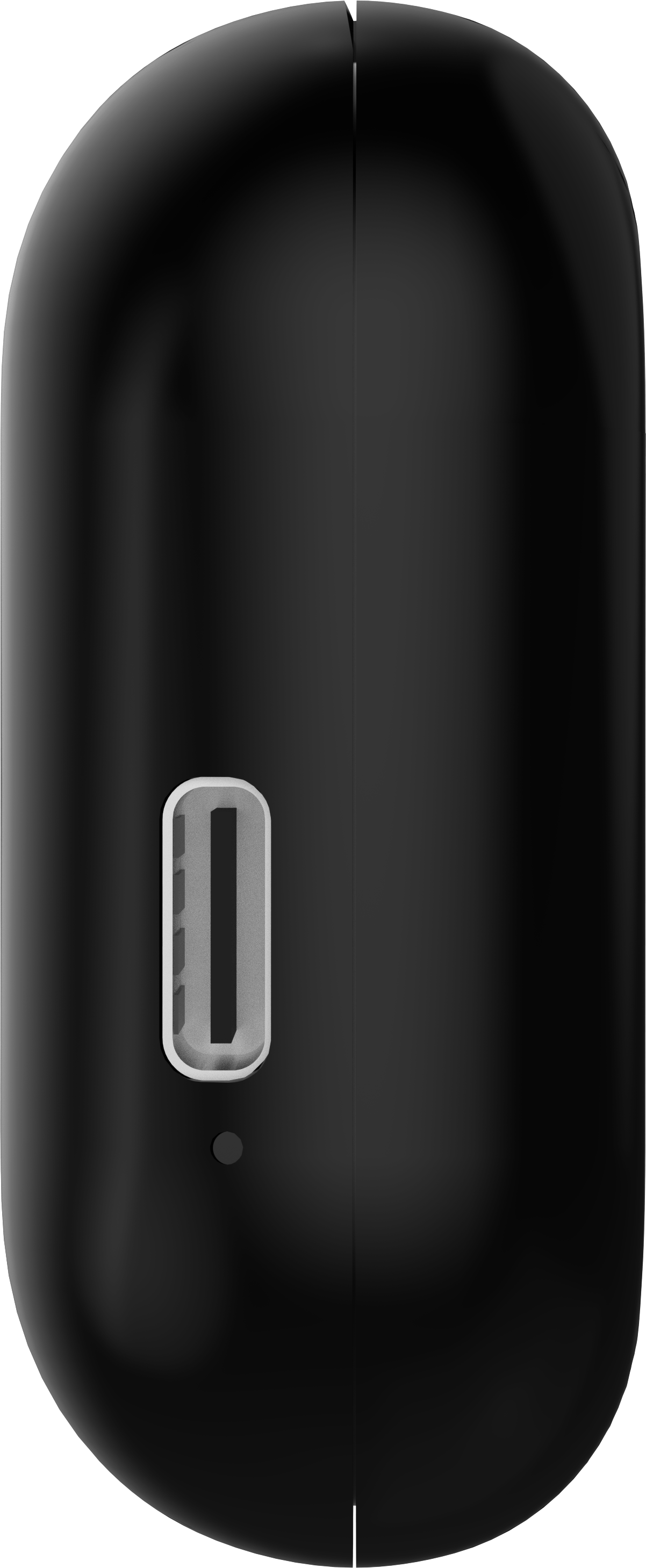 Un appareil noir et arrondi avec un port USB-C et un petit point en dessous. L'appareil est divisé en deux.