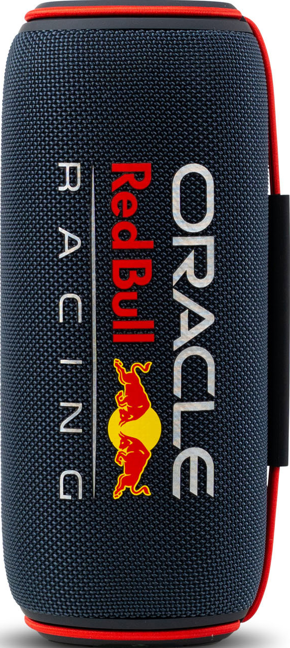 Un haut-parleur cylindrique avec la marque Red Bull Racing. Il est bleu foncé avec des accents rouges et le logo Red Bull.