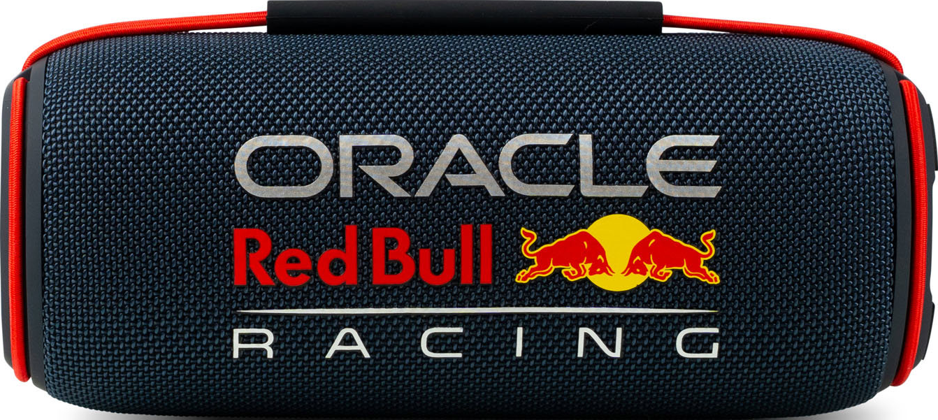Un haut-parleur cylindrique avec la marque Oracle Red Bull Racing. Il a une surface bleue texturée, des accents rouges et le logo.