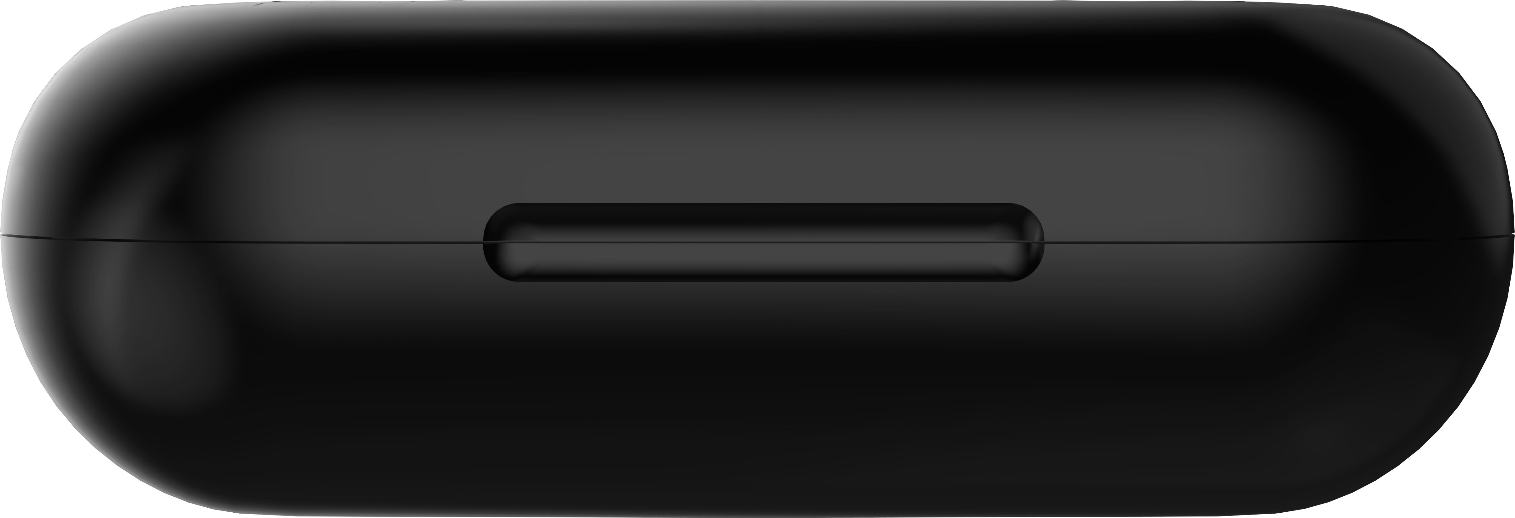 Gros plan d'un étui fermé, noir, arrondi, avec un petit bouton rectangulaire horizontal.