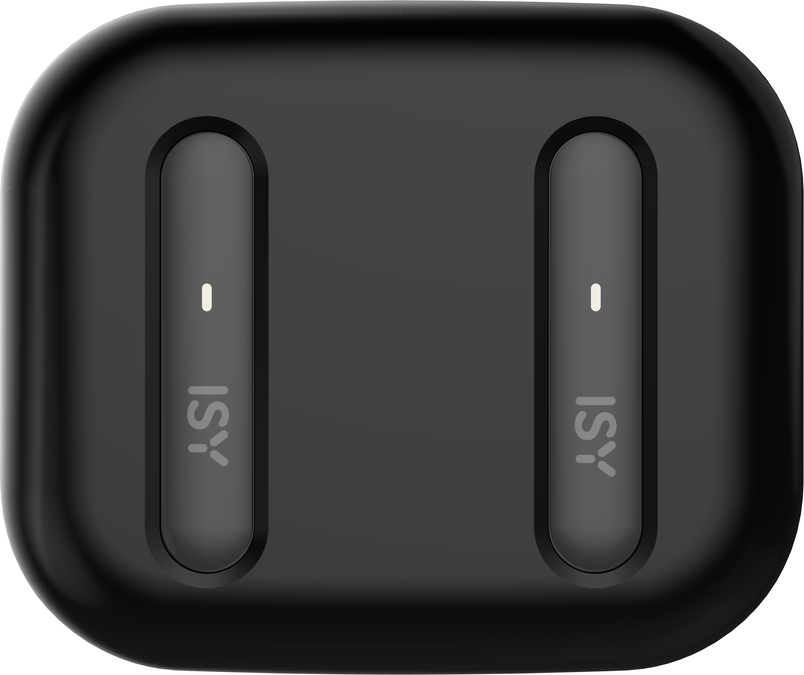 Appareil noir avec deux panneaux verticaux gris. Chaque panneau a un indicateur blanc et les lettres 'ISY'.
