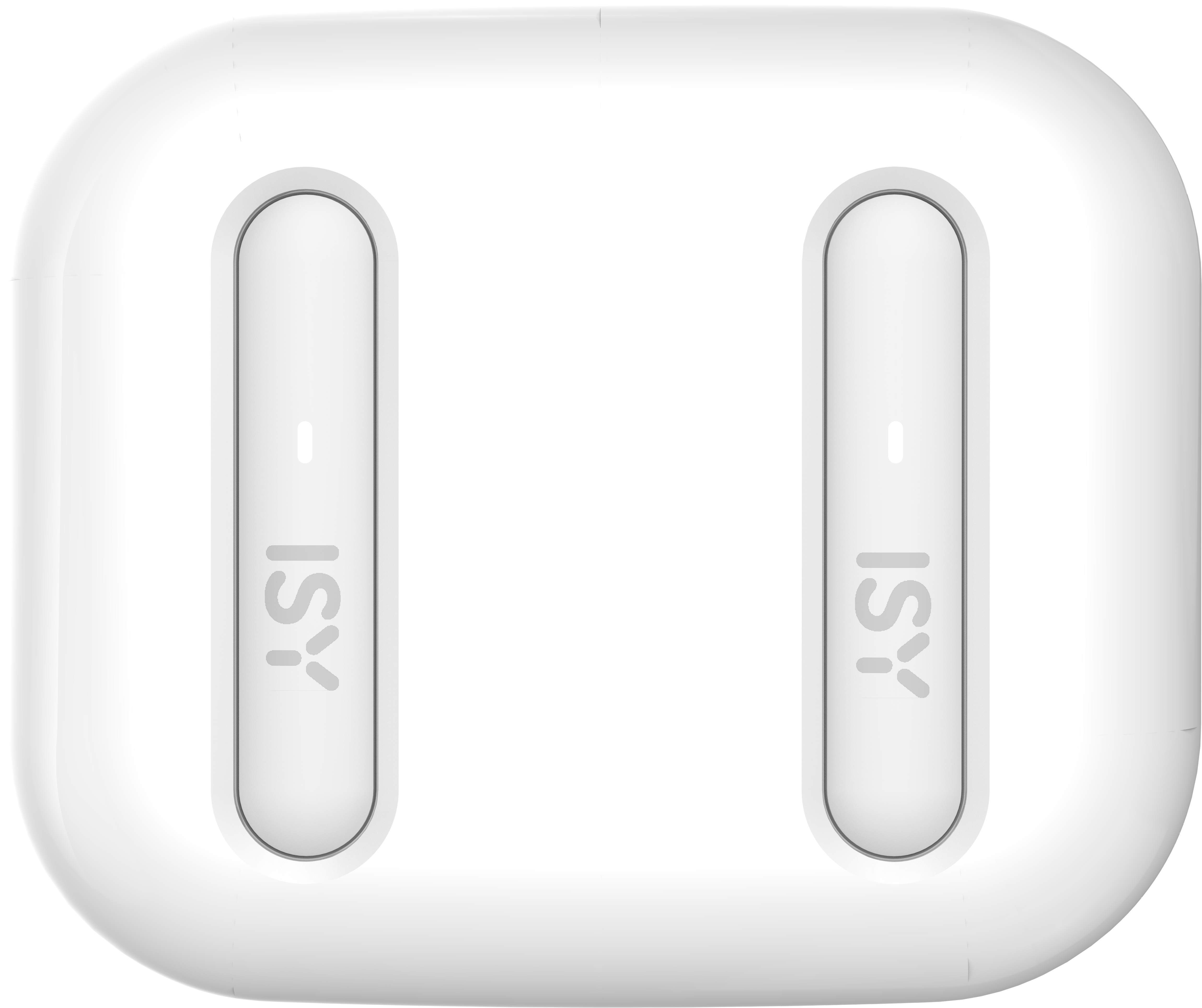 Un appareil rectangulaire blanc et arrondi. Deux dépressions verticales en forme de pilule portent le logo ISY.