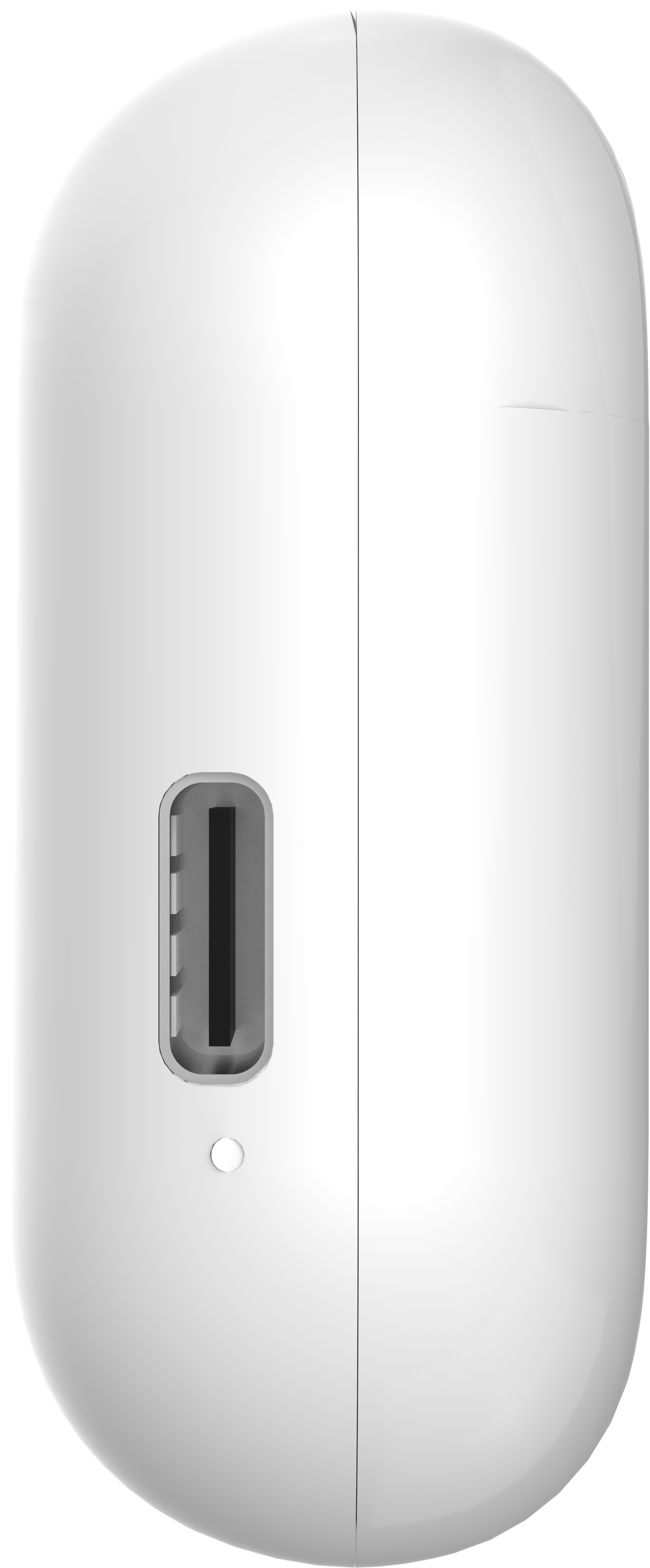 Un appareil blanc et arrondi. Il possède un port de chargement et un petit bouton. L'appareil est divisé en deux moitiés.