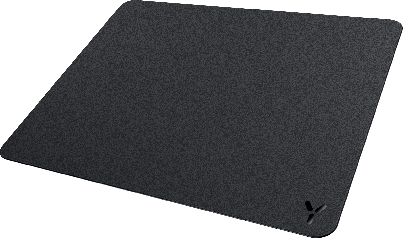 Un tapis de souris noir et texturé avec un logo discret dans le coin inférieur droit. Le fond est noir.