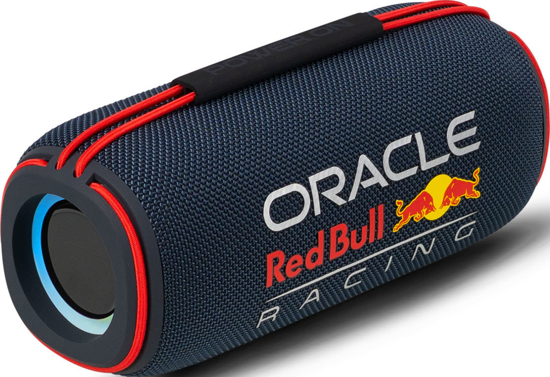 Un haut-parleur cylindrique avec un tissu bleu marine, des accents rouges et le logo Oracle Red Bull Racing.