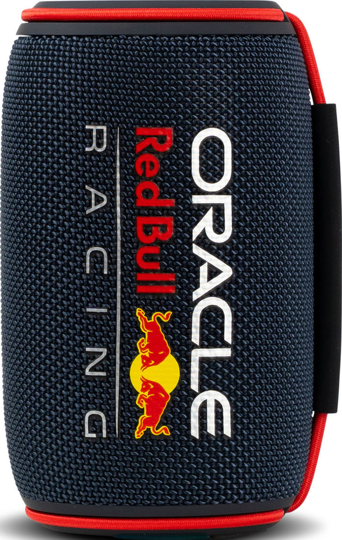 Un haut-parleur cylindrique bleu avec la marque Red Bull Racing. Comporte les logos Oracle et Red Bull. Des accents rouges et noirs sont visibles.