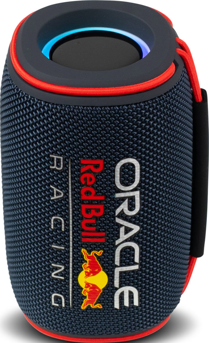 Un haut-parleur cylindrique bleu avec des accents rouges. Il porte le logo Red Bull Racing et le logo Oracle.